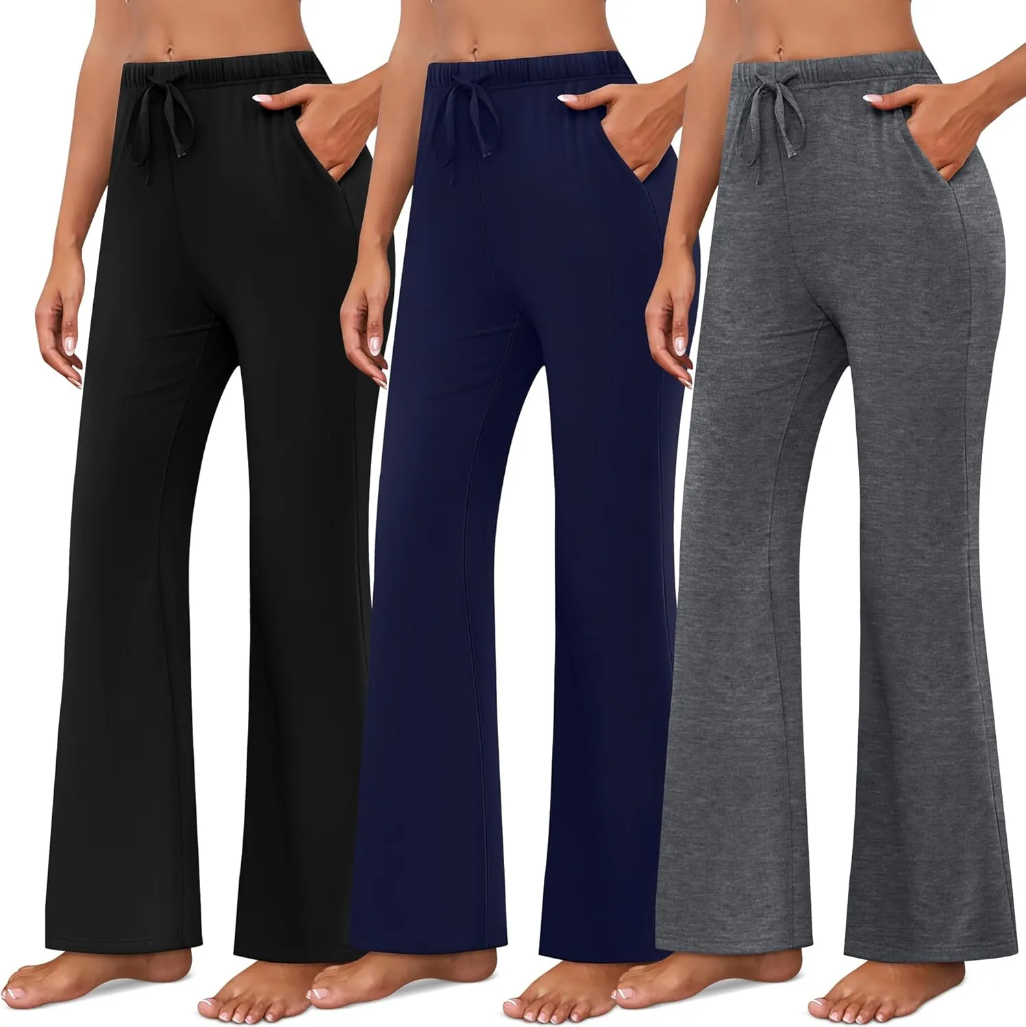 Neer 3 Pack Women's Wide Leg Palazzo Pants, High Waist Drawstring Sweatpants Flared Knit Yoga Pants Lounge Pants with Pockets