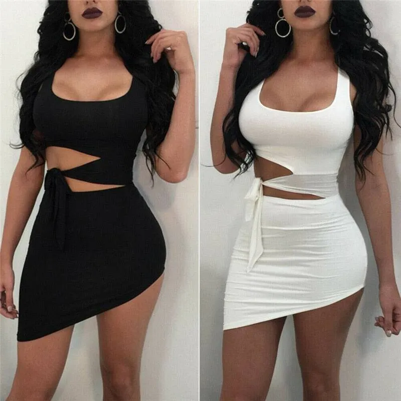 O-neck Hypotenuse Dress Hollow Out High Waist Package Hip Dress