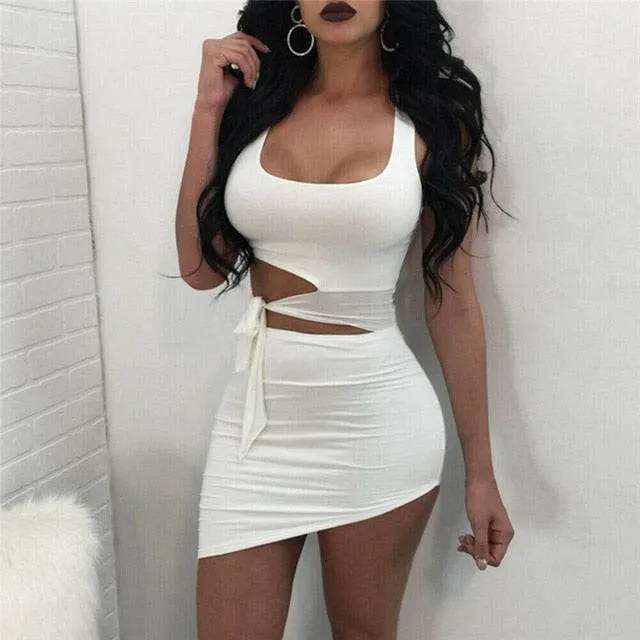 O-neck Hypotenuse Dress Hollow Out High Waist Package Hip Dress