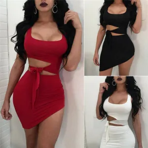 O-neck Hypotenuse Dress Hollow Out High Waist Package Hip Dress