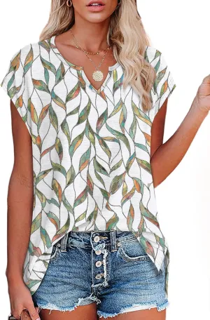 OFEEFAN Women's Cap Sleeve Shirts Casual Summer V Neck Tunic Tops Loose Tshirts Side Slit S-3XL