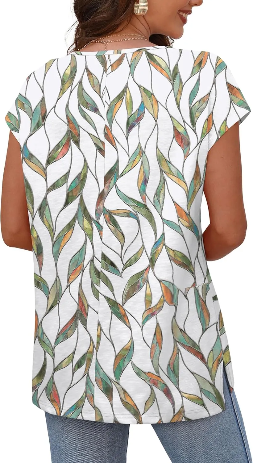 OFEEFAN Women's Cap Sleeve Shirts Casual Summer V Neck Tunic Tops Loose Tshirts Side Slit S-3XL