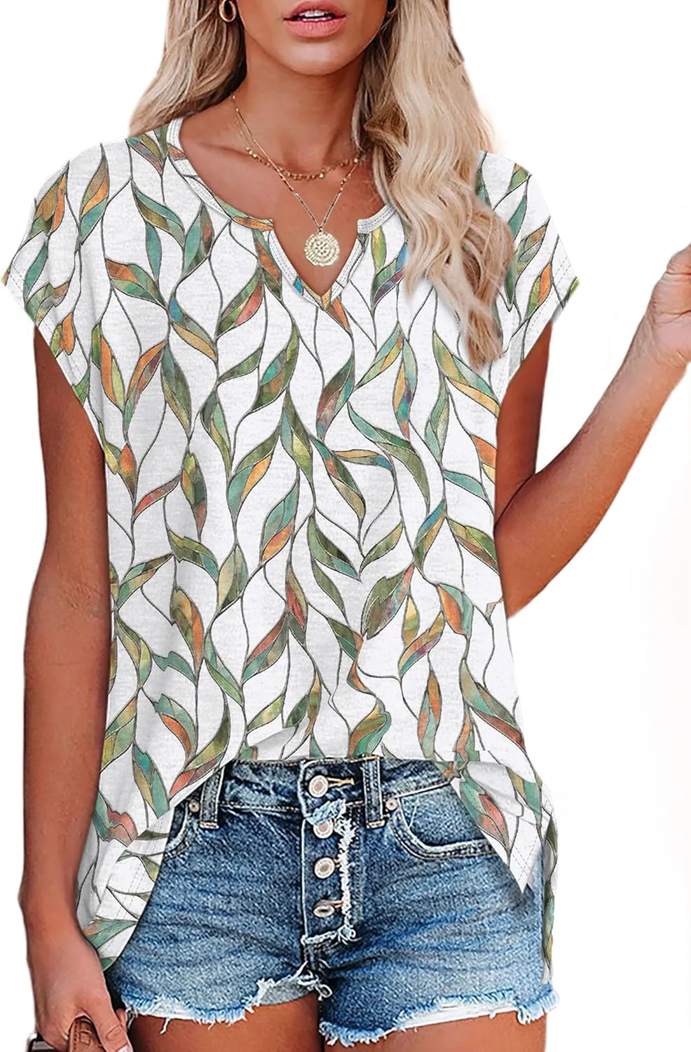 OFEEFAN Women's Cap Sleeve Shirts Casual Summer V Neck Tunic Tops Loose Tshirts Side Slit S-3XL
