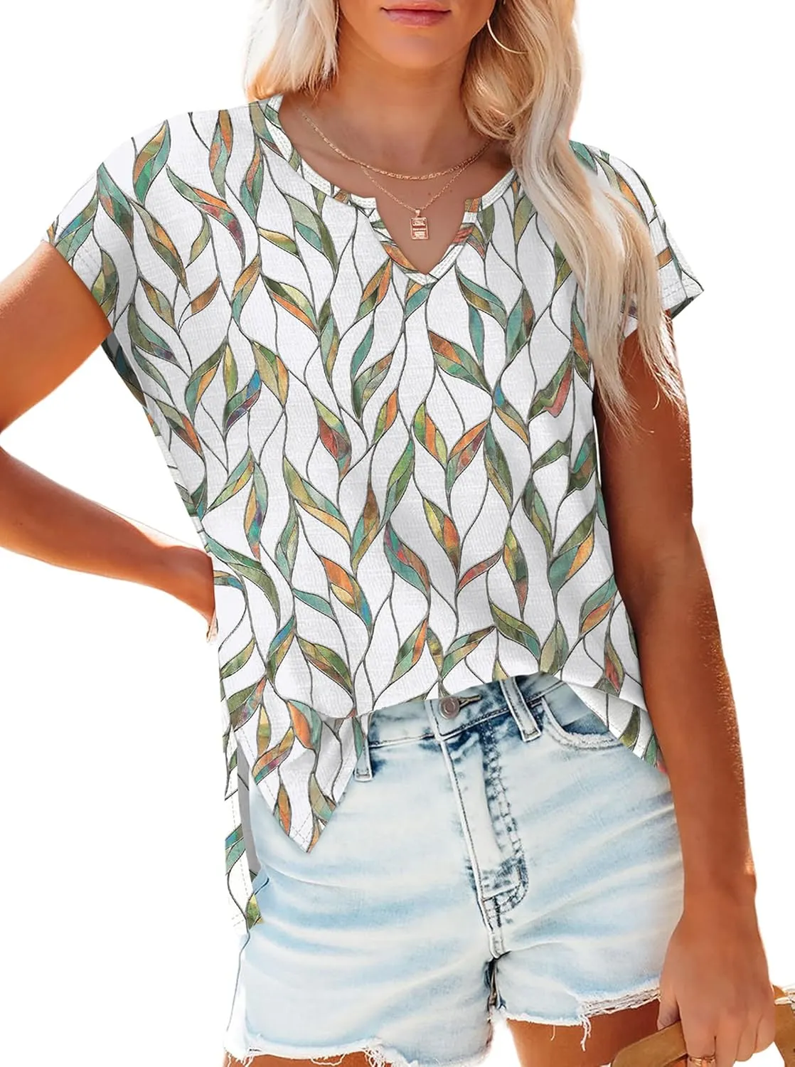 OFEEFAN Women's Cap Sleeve Shirts Casual Summer V Neck Tunic Tops Loose Tshirts Side Slit S-3XL