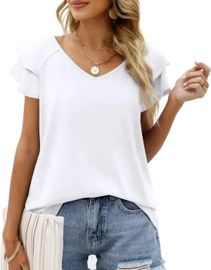 OFEEFAN Womens Summer Tops Ruffle Short Sleeve V Neck T-Shirts Casual Loose Fit