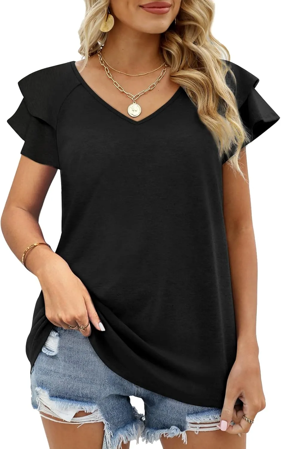 OFEEFAN Womens Summer Tops Ruffle Short Sleeve V Neck T-Shirts Casual Loose Fit