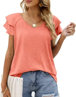 OFEEFAN Womens Summer Tops Ruffle Short Sleeve V Neck T-Shirts Casual Loose Fit