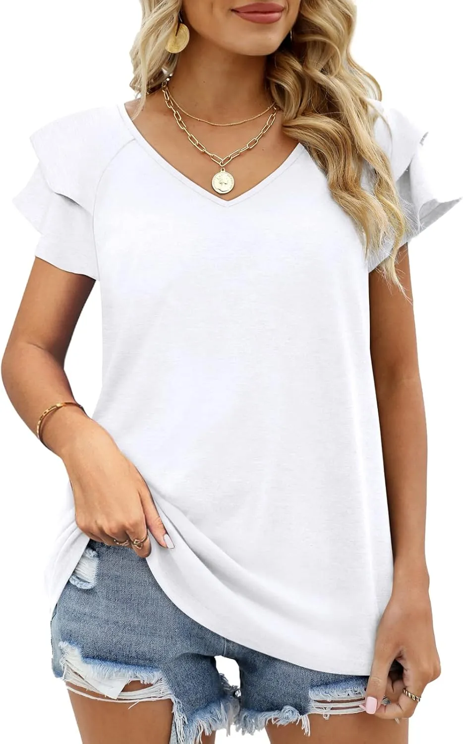 OFEEFAN Womens Summer Tops Ruffle Short Sleeve V Neck T-Shirts Casual Loose Fit