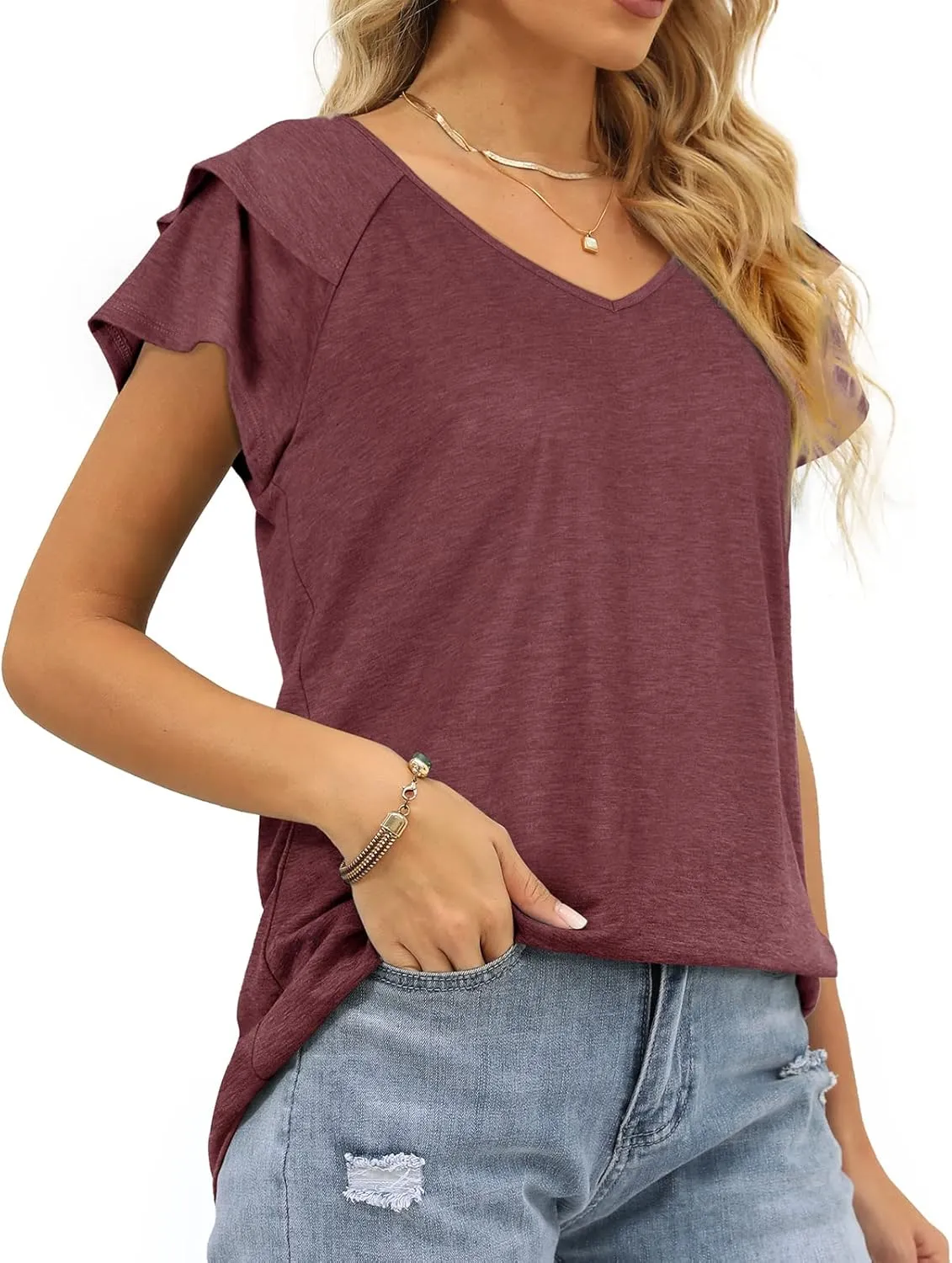 OFEEFAN Womens Summer Tops Ruffle Short Sleeve V Neck T-Shirts Casual Loose Fit