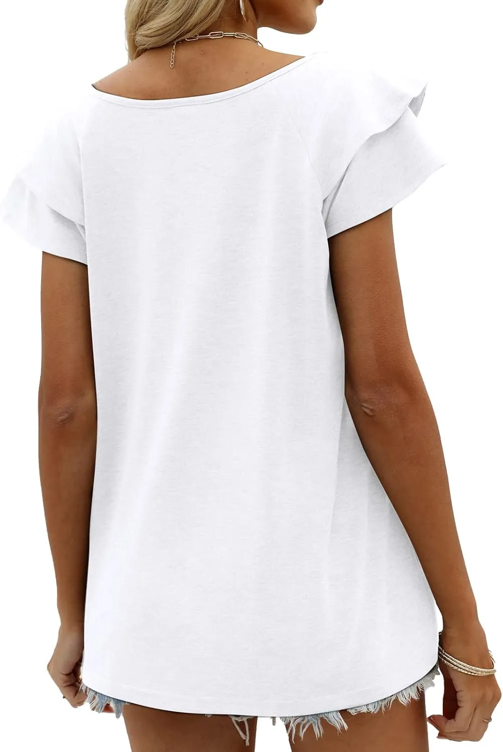OFEEFAN Womens Summer Tops Ruffle Short Sleeve V Neck T-Shirts Casual Loose Fit