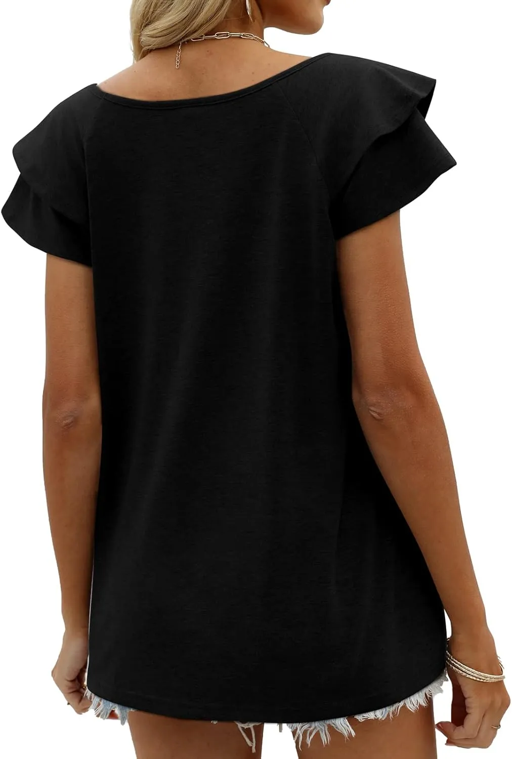 OFEEFAN Womens Summer Tops Ruffle Short Sleeve V Neck T-Shirts Casual Loose Fit