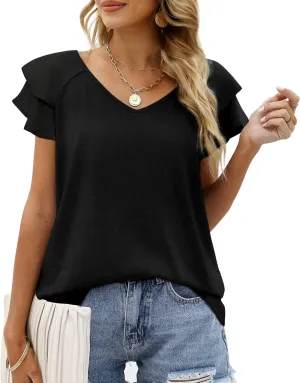 OFEEFAN Womens Summer Tops Ruffle Short Sleeve V Neck T-Shirts Casual Loose Fit