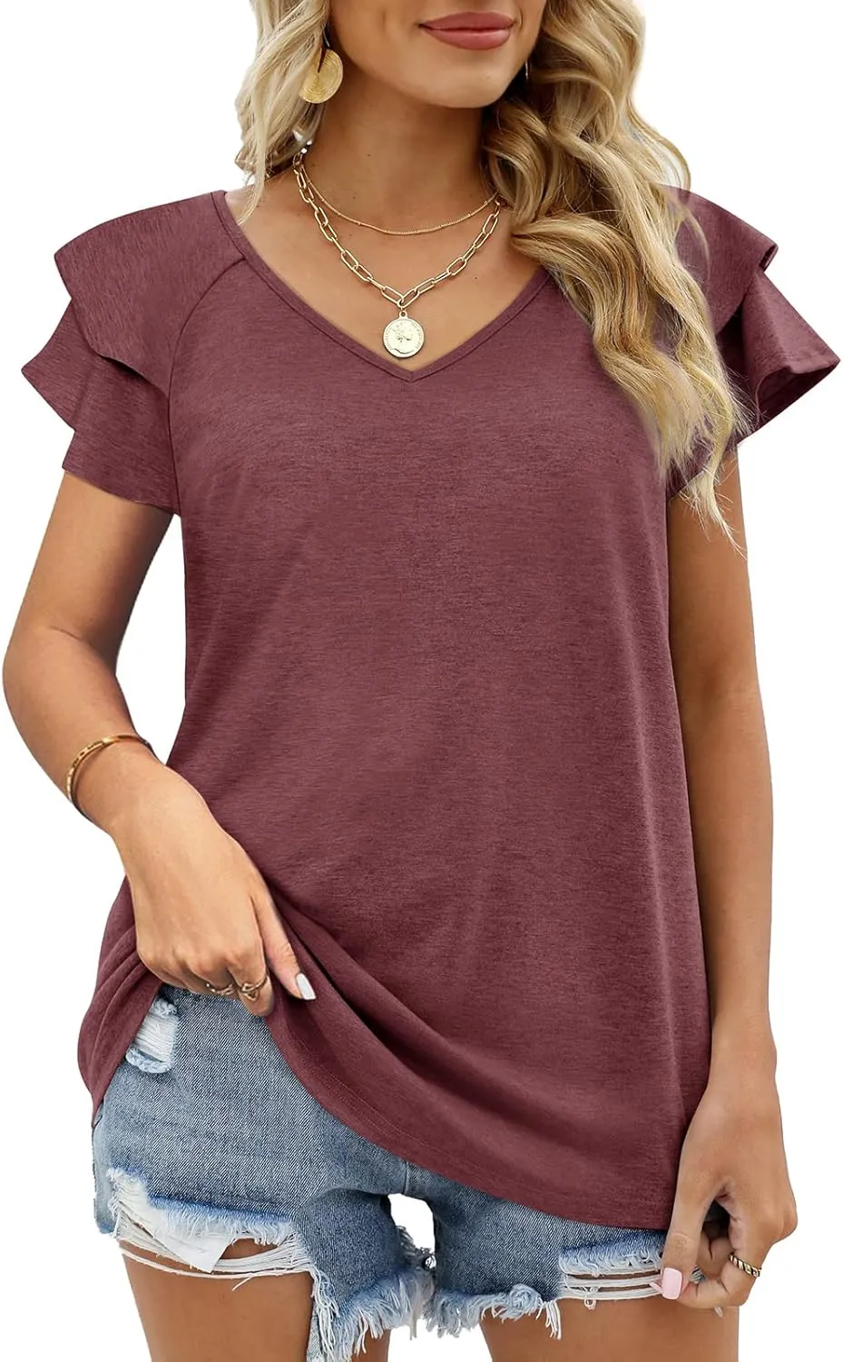 OFEEFAN Womens Summer Tops Ruffle Short Sleeve V Neck T-Shirts Casual Loose Fit