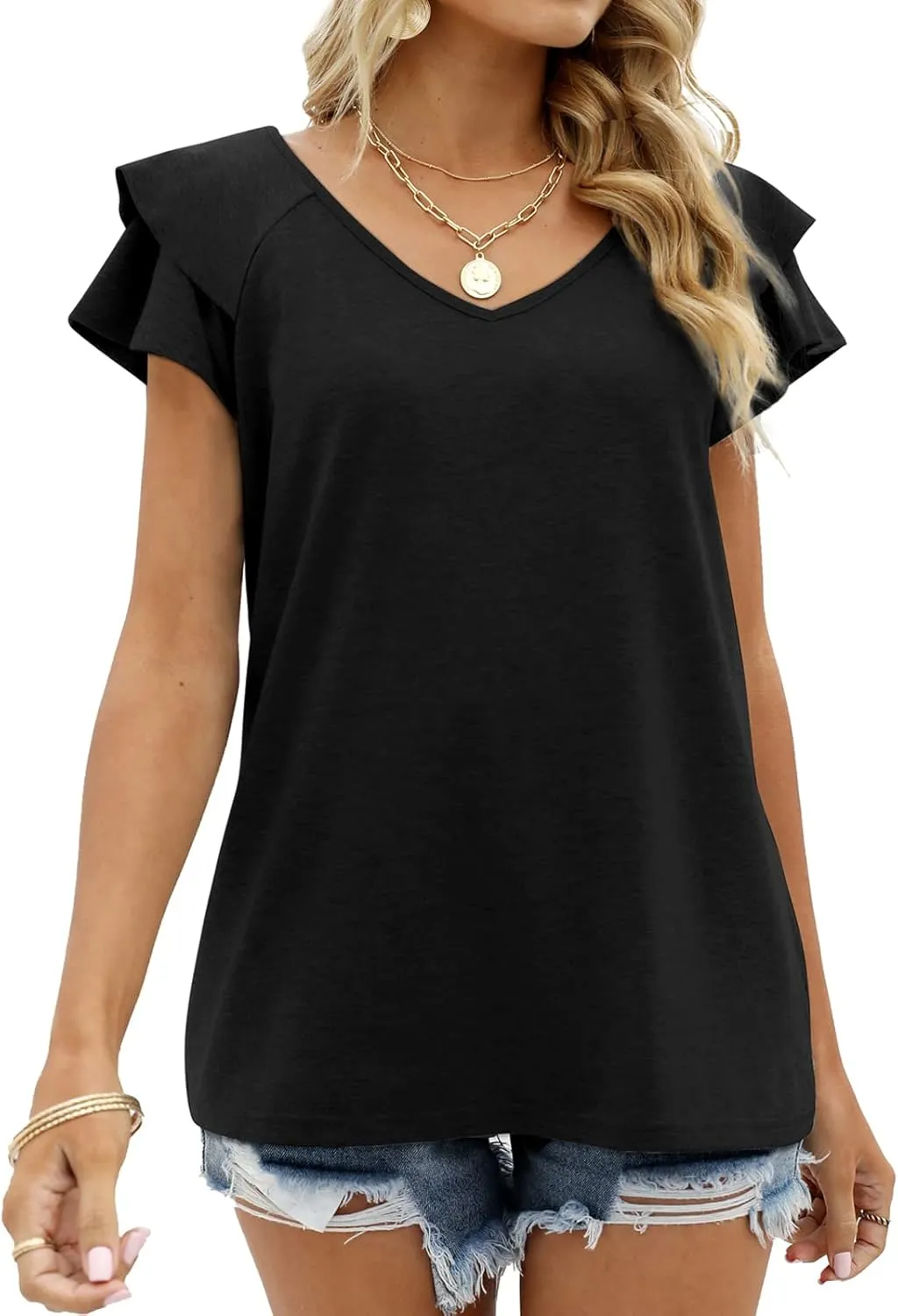 OFEEFAN Womens Summer Tops Ruffle Short Sleeve V Neck T-Shirts Casual Loose Fit