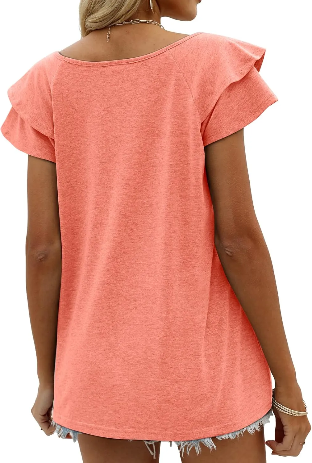 OFEEFAN Womens Summer Tops Ruffle Short Sleeve V Neck T-Shirts Casual Loose Fit