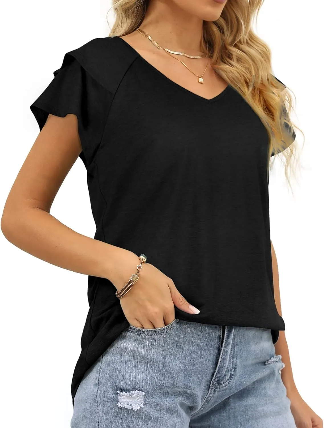 OFEEFAN Womens Summer Tops Ruffle Short Sleeve V Neck T-Shirts Casual Loose Fit