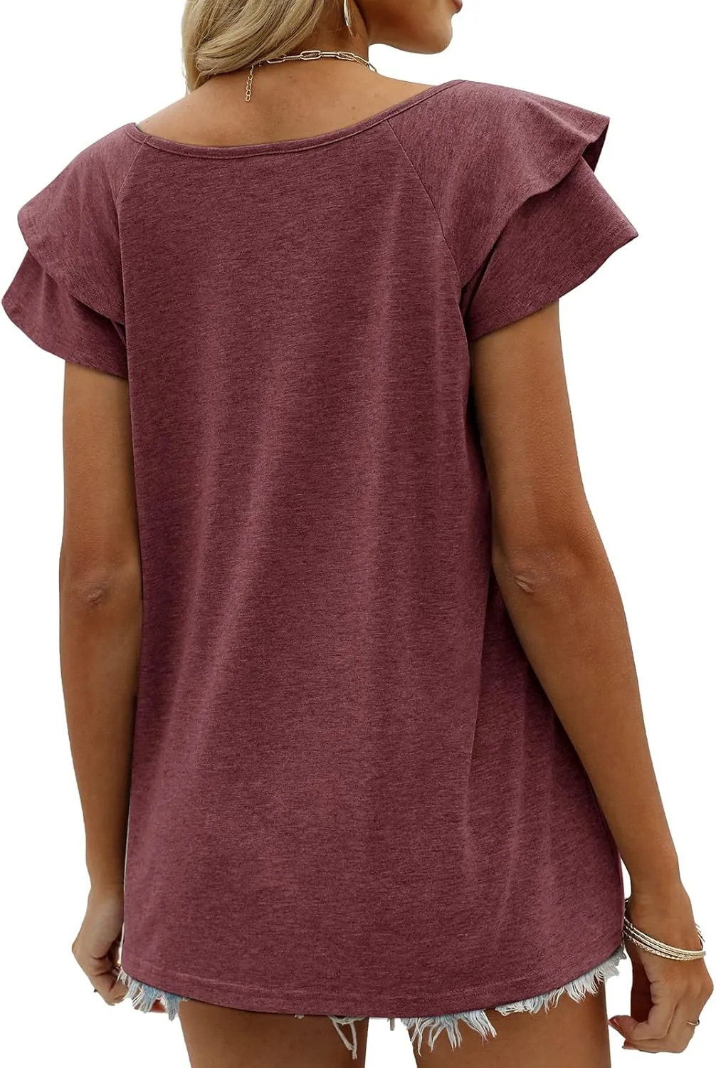 OFEEFAN Womens Summer Tops Ruffle Short Sleeve V Neck T-Shirts Casual Loose Fit