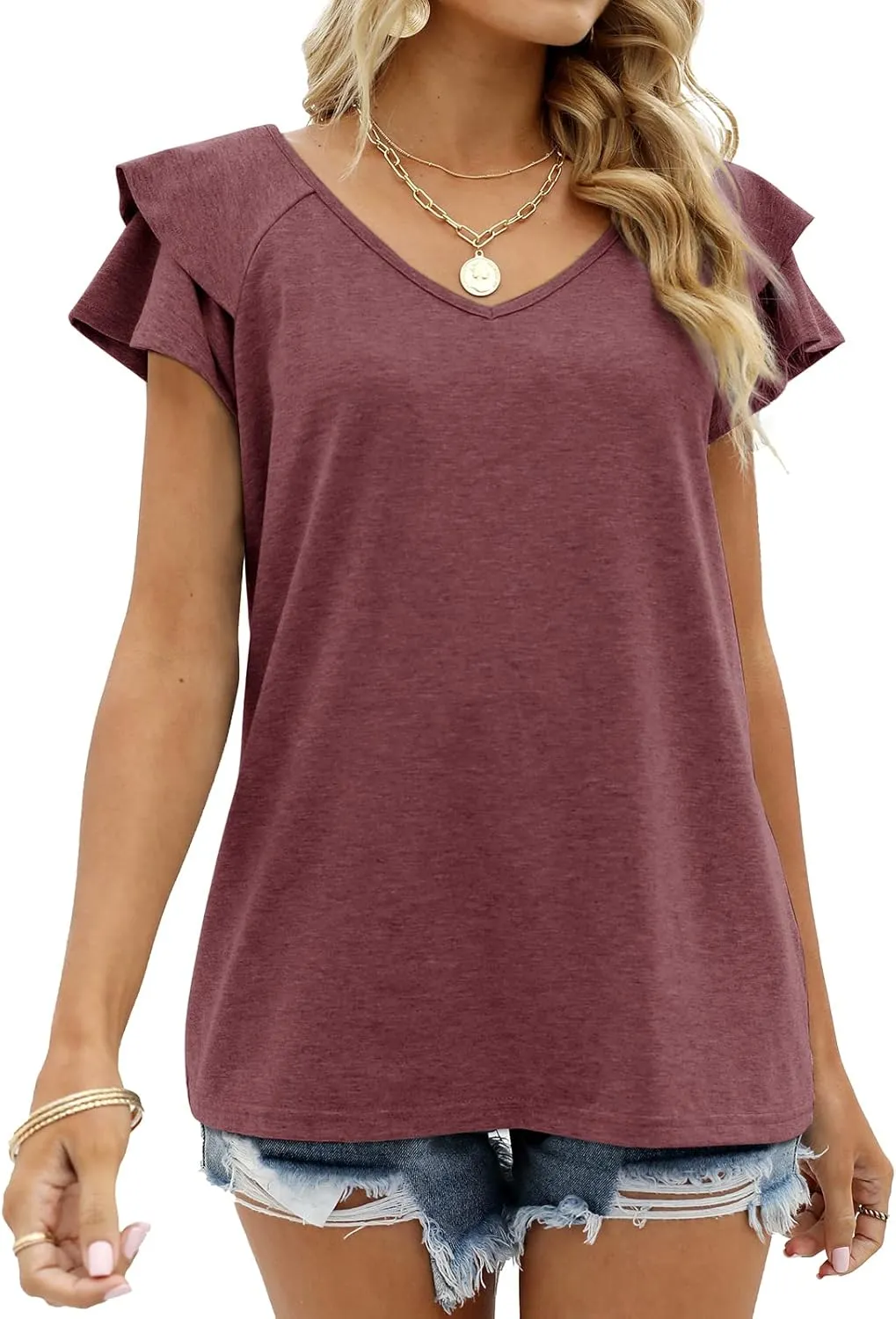 OFEEFAN Womens Summer Tops Ruffle Short Sleeve V Neck T-Shirts Casual Loose Fit