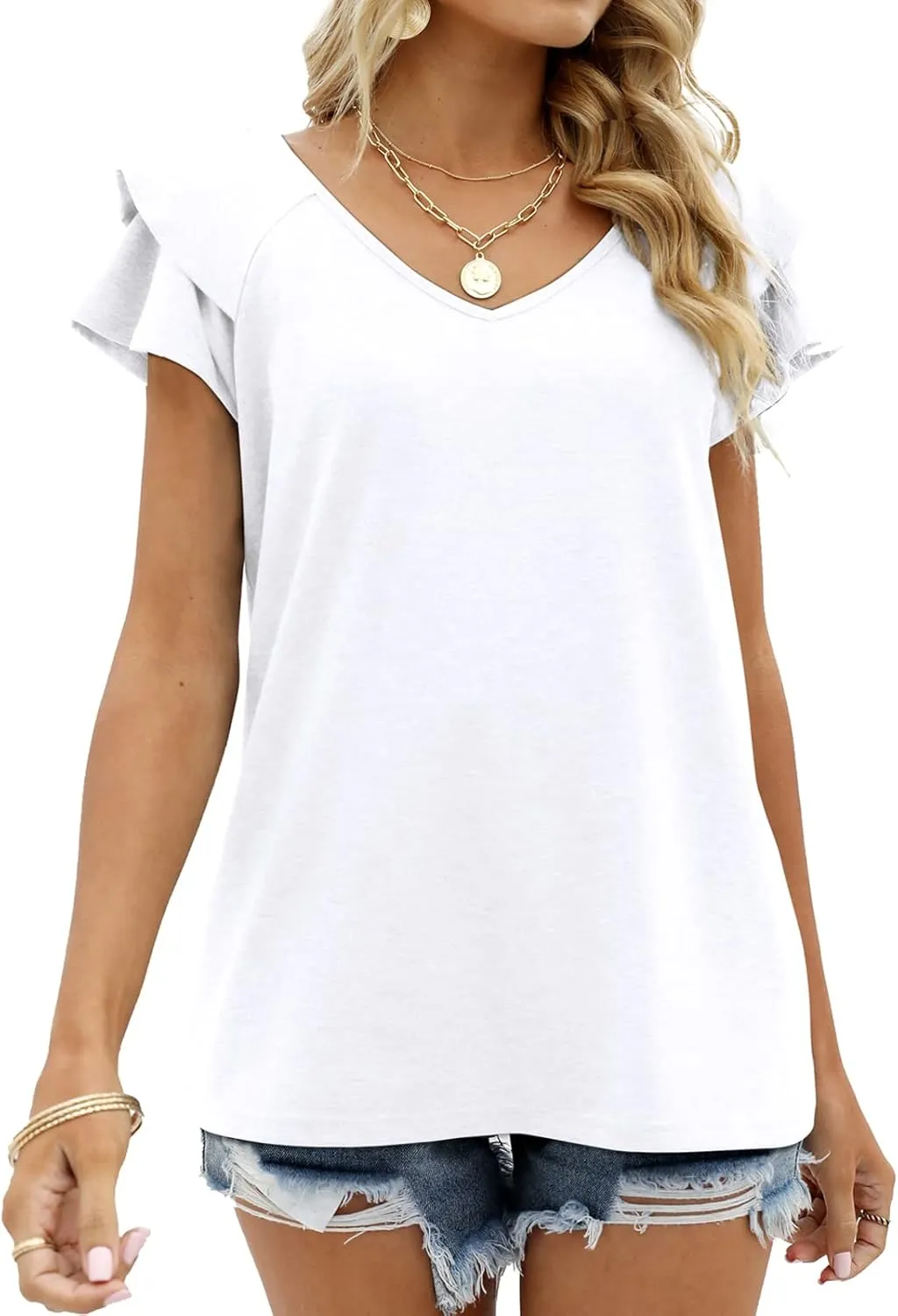 OFEEFAN Womens Summer Tops Ruffle Short Sleeve V Neck T-Shirts Casual Loose Fit