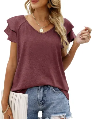 OFEEFAN Womens Summer Tops Ruffle Short Sleeve V Neck T-Shirts Casual Loose Fit