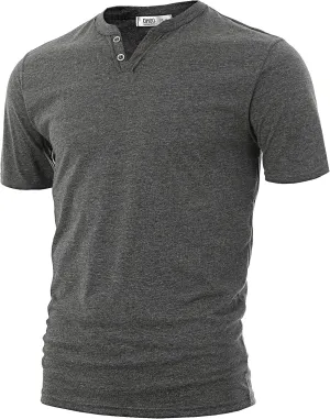 Ohoo Mens Slim Fit Casual Short Sleeve Placket Melange Color Fabric Cotton Henley T-Shirts