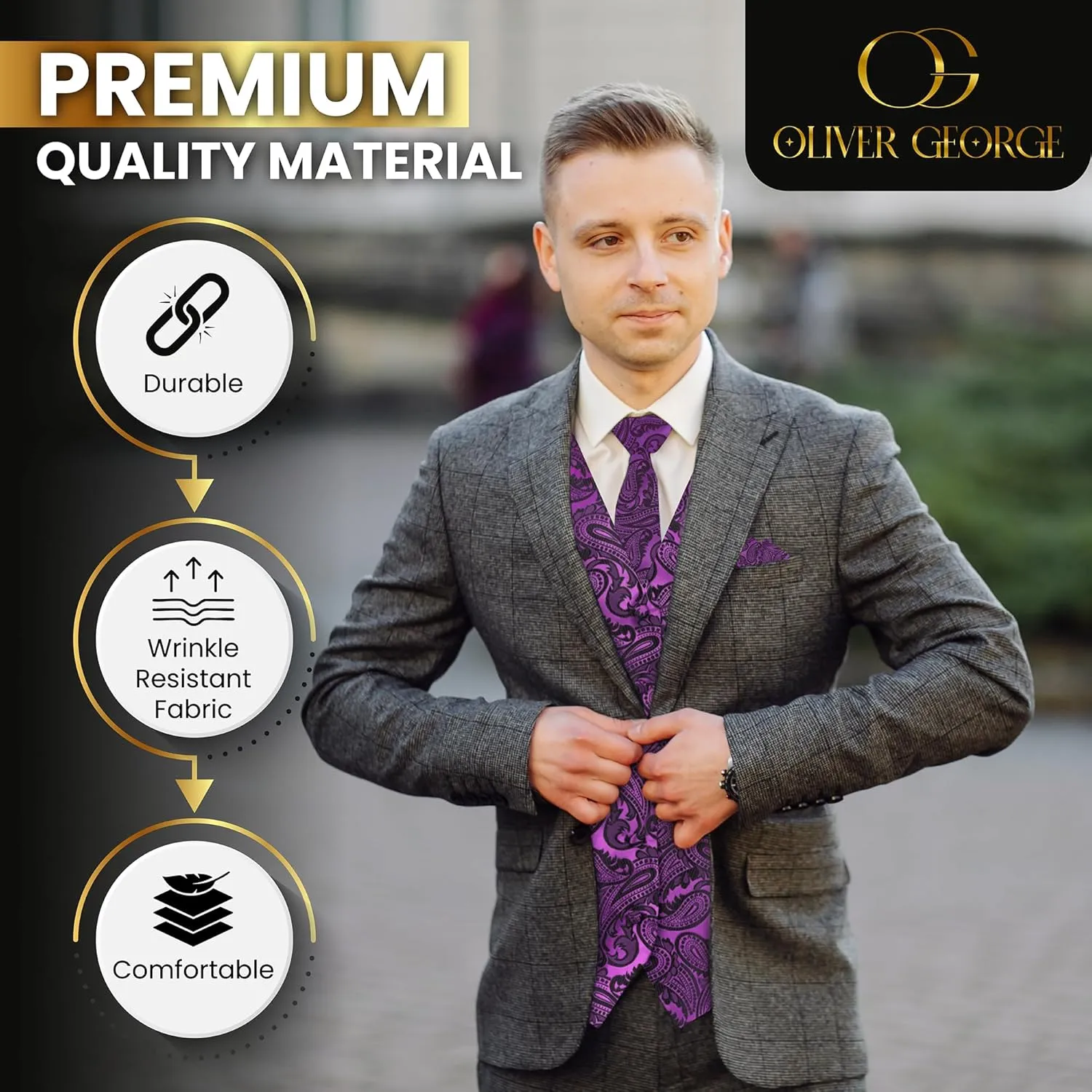 Oliver George Mens 3pc Formal Waistcoat Suit Dress Vest Floral Paisley and Necktie Pocket Square Wedding Set
