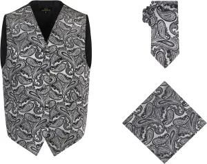 Oliver George Mens 3pc Formal Waistcoat Suit Dress Vest Floral Paisley and Necktie Pocket Square Wedding Set