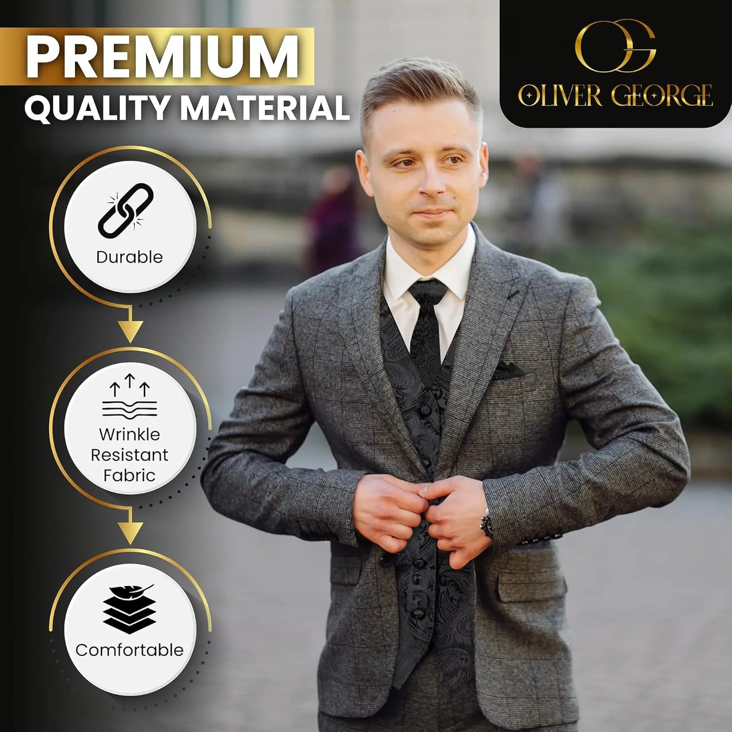 Oliver George Mens 3pc Formal Waistcoat Suit Dress Vest Floral Paisley and Necktie Pocket Square Wedding Set