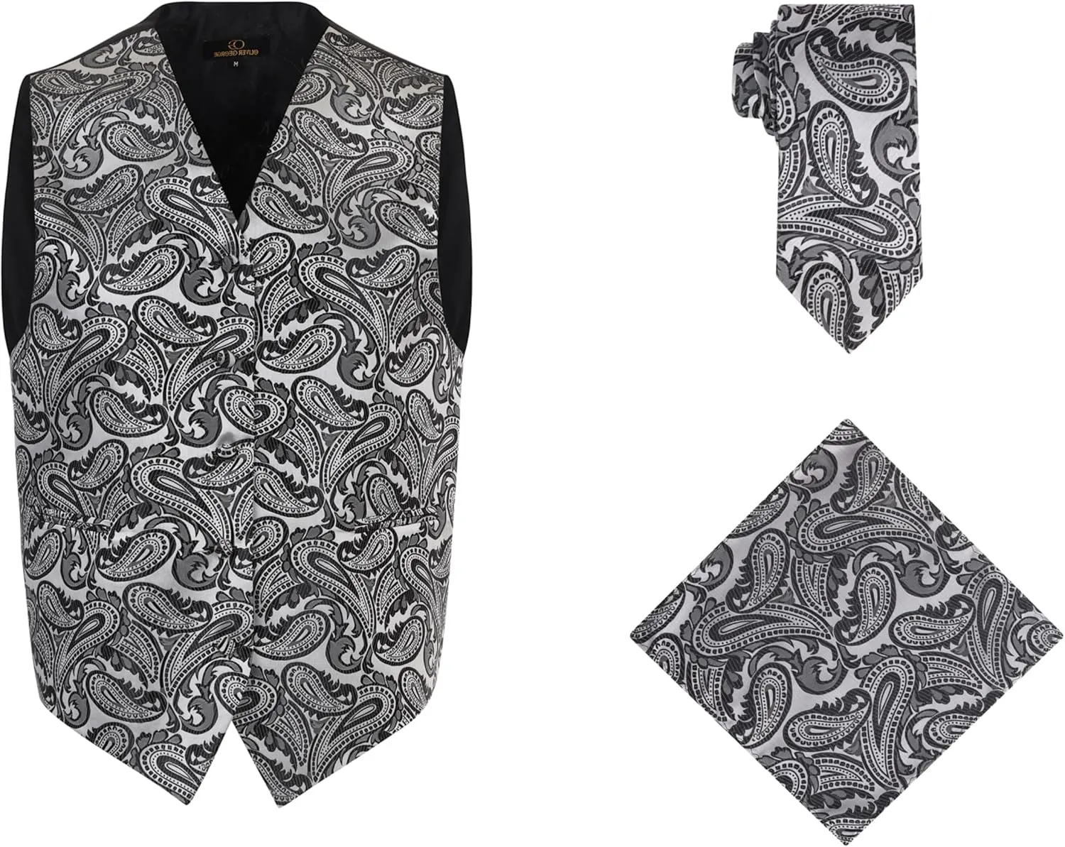 Oliver George Mens 3pc Formal Waistcoat Suit Dress Vest Floral Paisley and Necktie Pocket Square Wedding Set