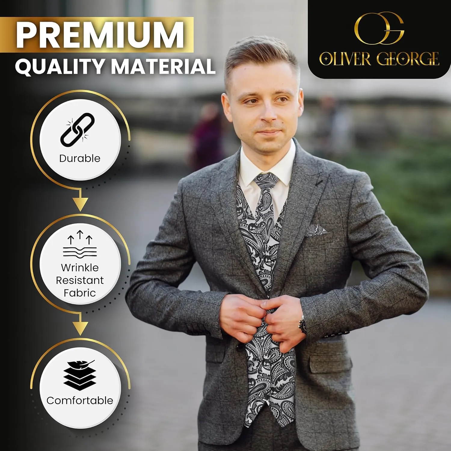 Oliver George Mens 3pc Formal Waistcoat Suit Dress Vest Floral Paisley and Necktie Pocket Square Wedding Set