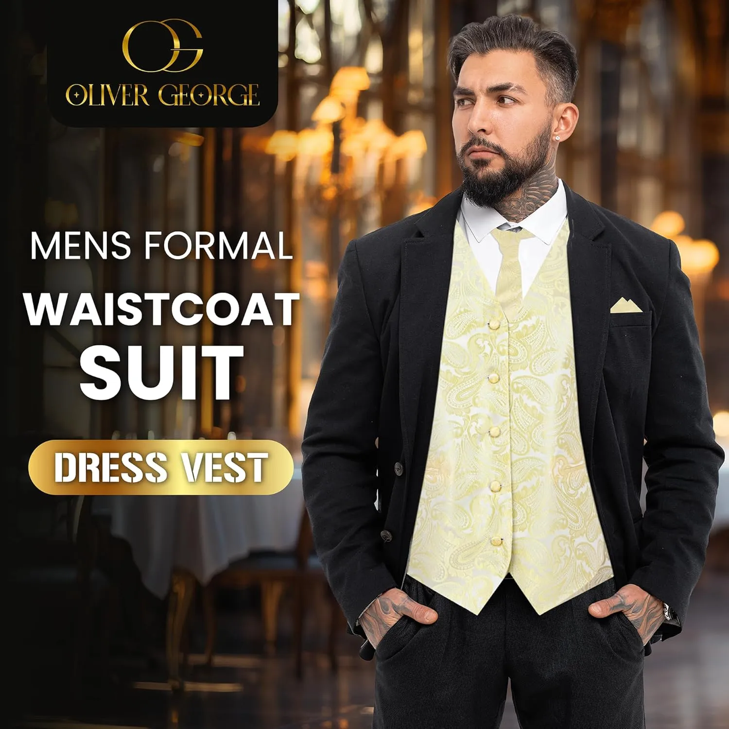 Oliver George Mens 3pc Formal Waistcoat Suit Dress Vest Floral Paisley and Necktie Pocket Square Wedding Set