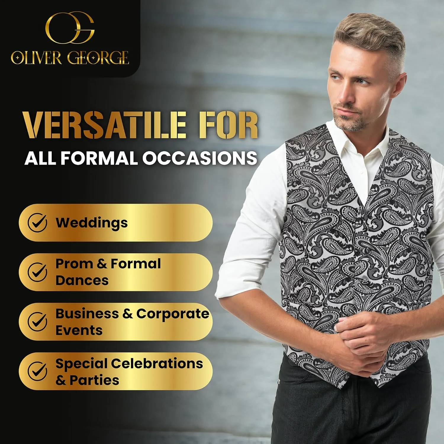 Oliver George Mens 3pc Formal Waistcoat Suit Dress Vest Floral Paisley and Necktie Pocket Square Wedding Set