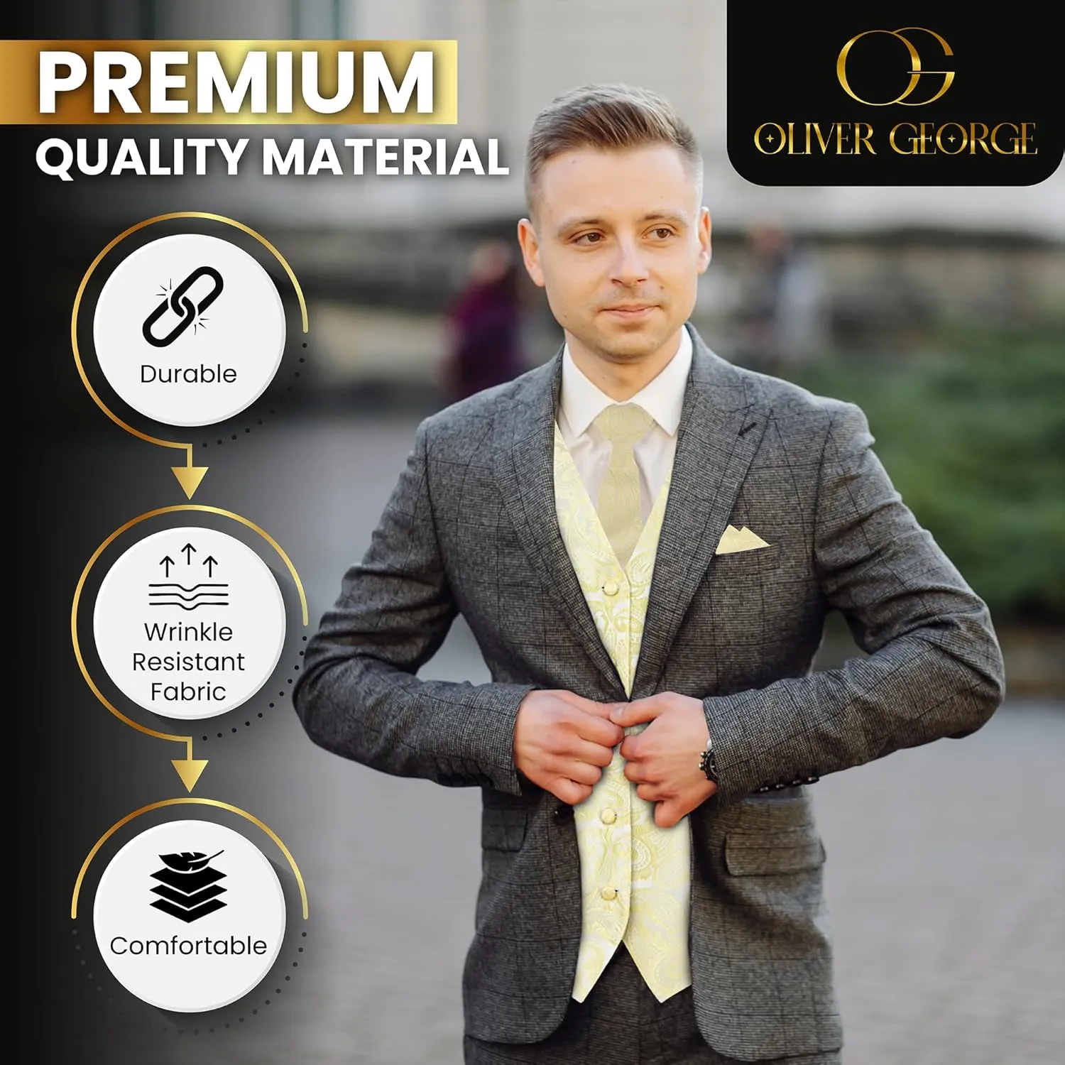 Oliver George Mens 3pc Formal Waistcoat Suit Dress Vest Floral Paisley and Necktie Pocket Square Wedding Set