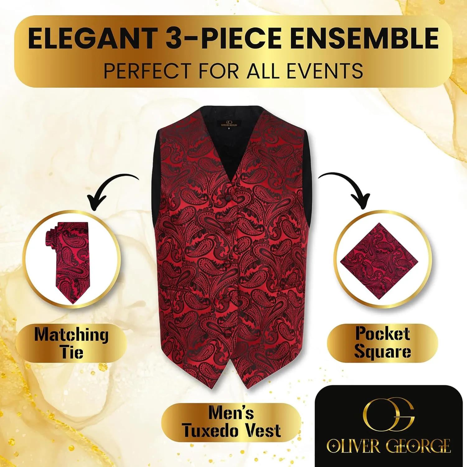 Oliver George Mens 3pc Formal Waistcoat Suit Dress Vest Floral Paisley and Necktie Pocket Square Wedding Set