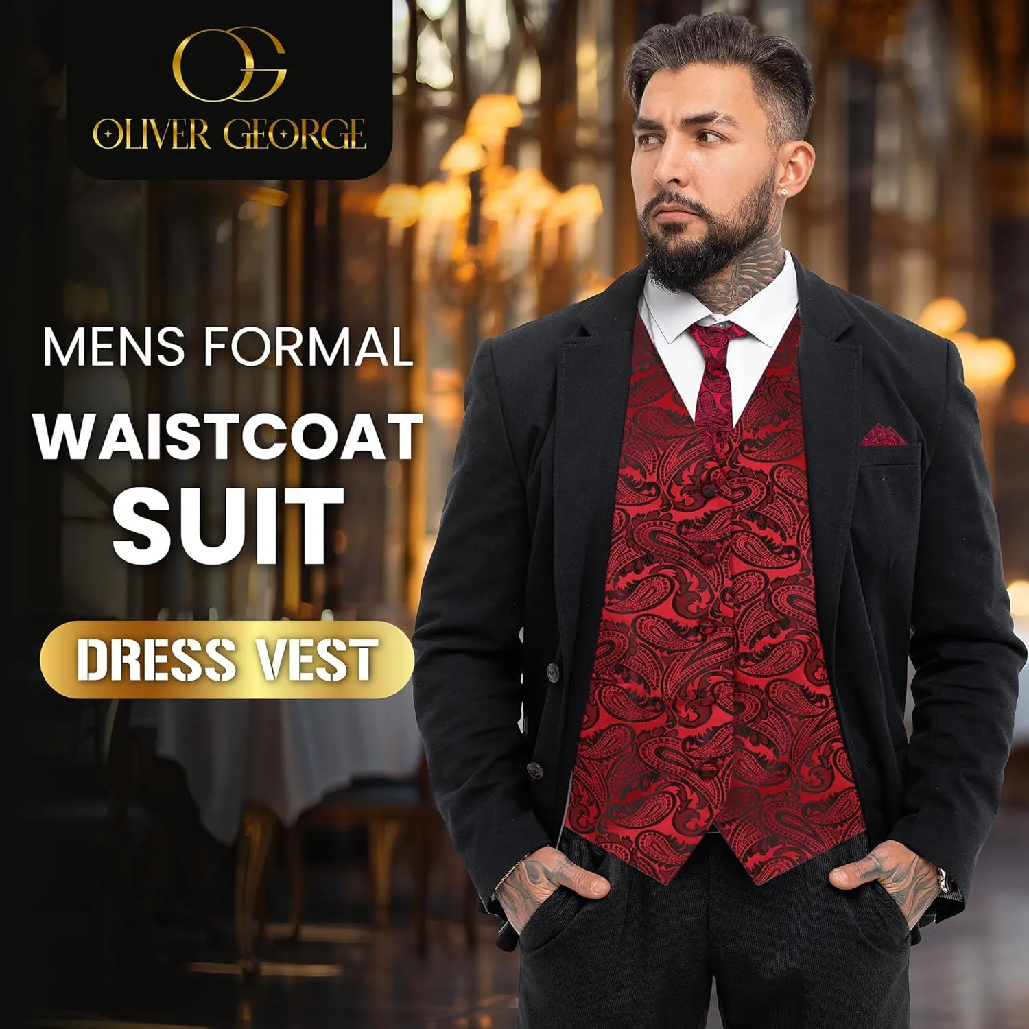 Oliver George Mens 3pc Formal Waistcoat Suit Dress Vest Floral Paisley and Necktie Pocket Square Wedding Set