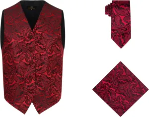 Oliver George Mens 3pc Formal Waistcoat Suit Dress Vest Floral Paisley and Necktie Pocket Square Wedding Set