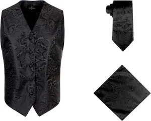 Oliver George Mens 3pc Formal Waistcoat Suit Dress Vest Floral Paisley and Necktie Pocket Square Wedding Set