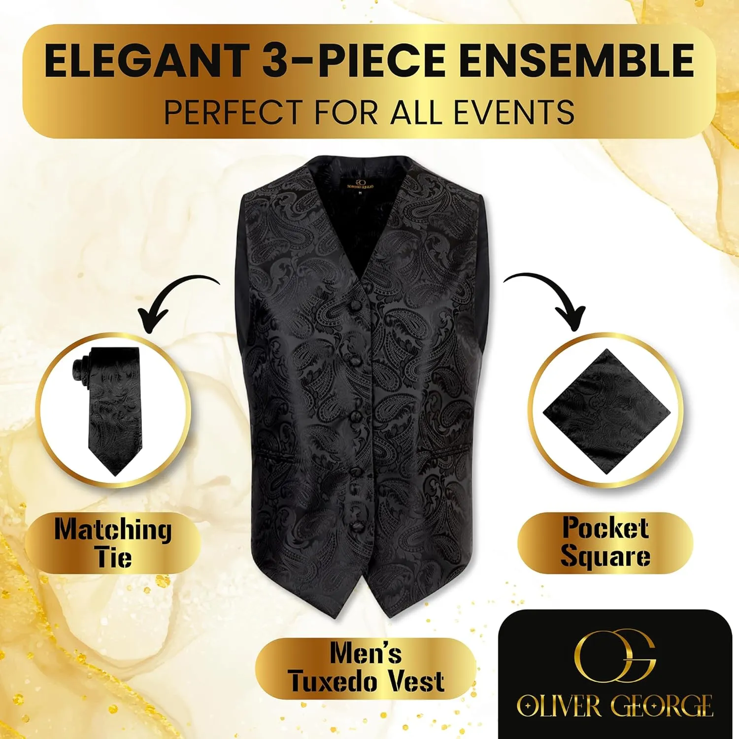 Oliver George Mens 3pc Formal Waistcoat Suit Dress Vest Floral Paisley and Necktie Pocket Square Wedding Set