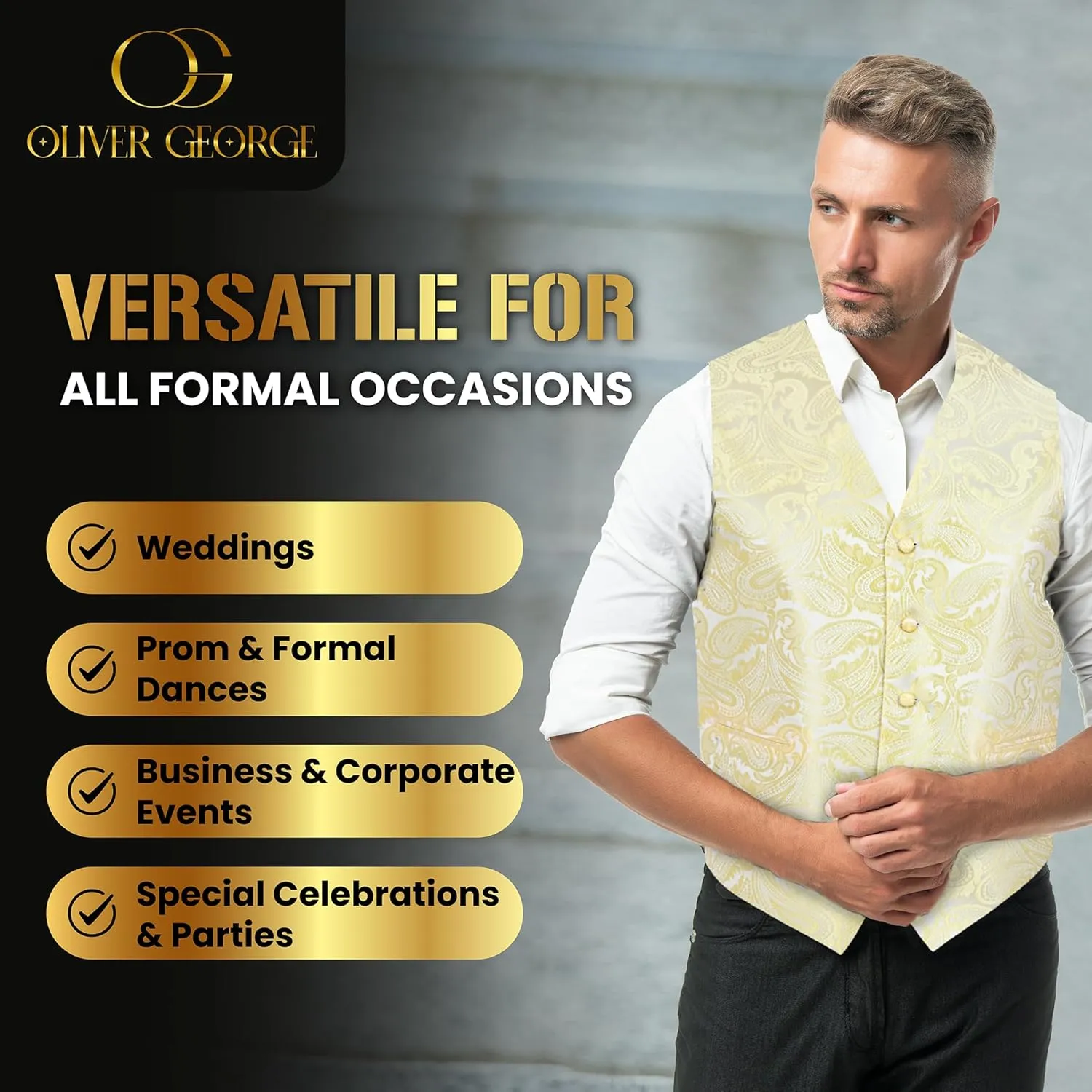 Oliver George Mens 3pc Formal Waistcoat Suit Dress Vest Floral Paisley and Necktie Pocket Square Wedding Set