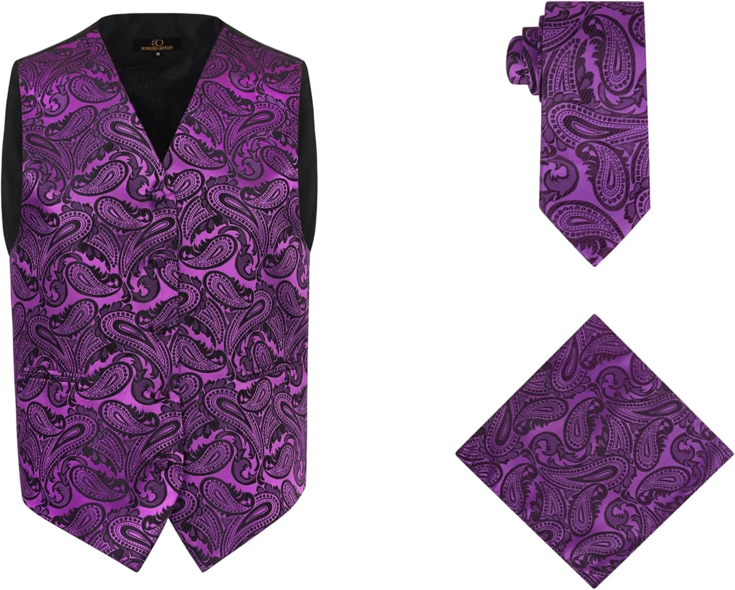 Oliver George Mens 3pc Formal Waistcoat Suit Dress Vest Floral Paisley and Necktie Pocket Square Wedding Set