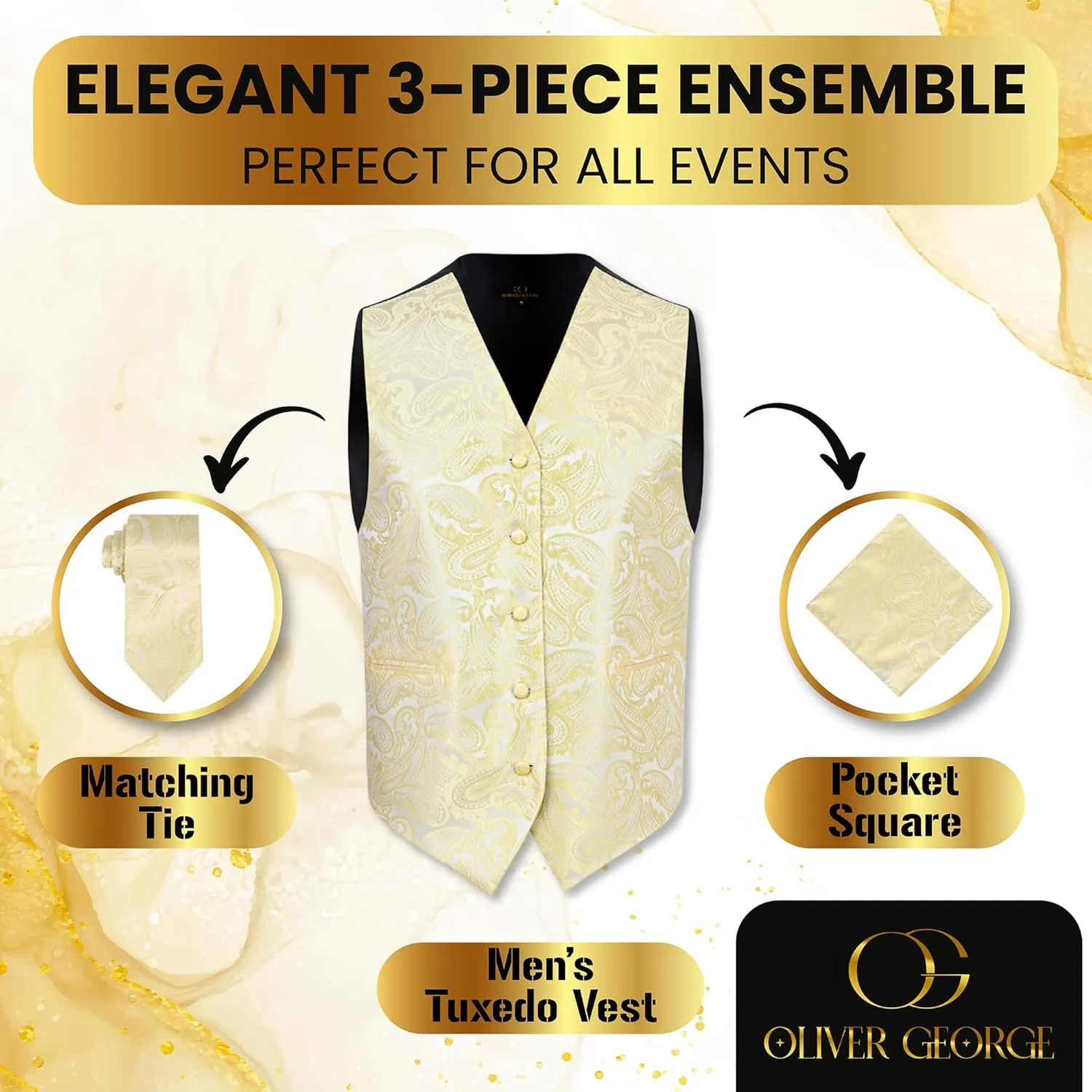 Oliver George Mens 3pc Formal Waistcoat Suit Dress Vest Floral Paisley and Necktie Pocket Square Wedding Set