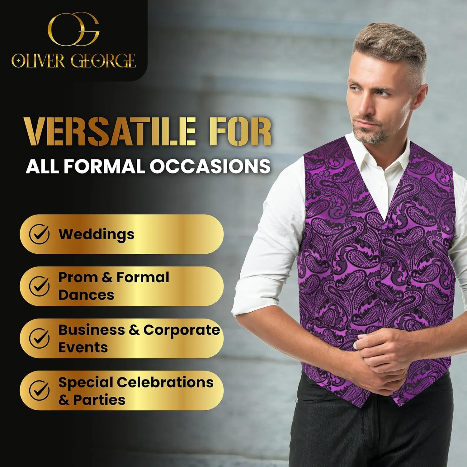 Oliver George Mens 3pc Formal Waistcoat Suit Dress Vest Floral Paisley and Necktie Pocket Square Wedding Set