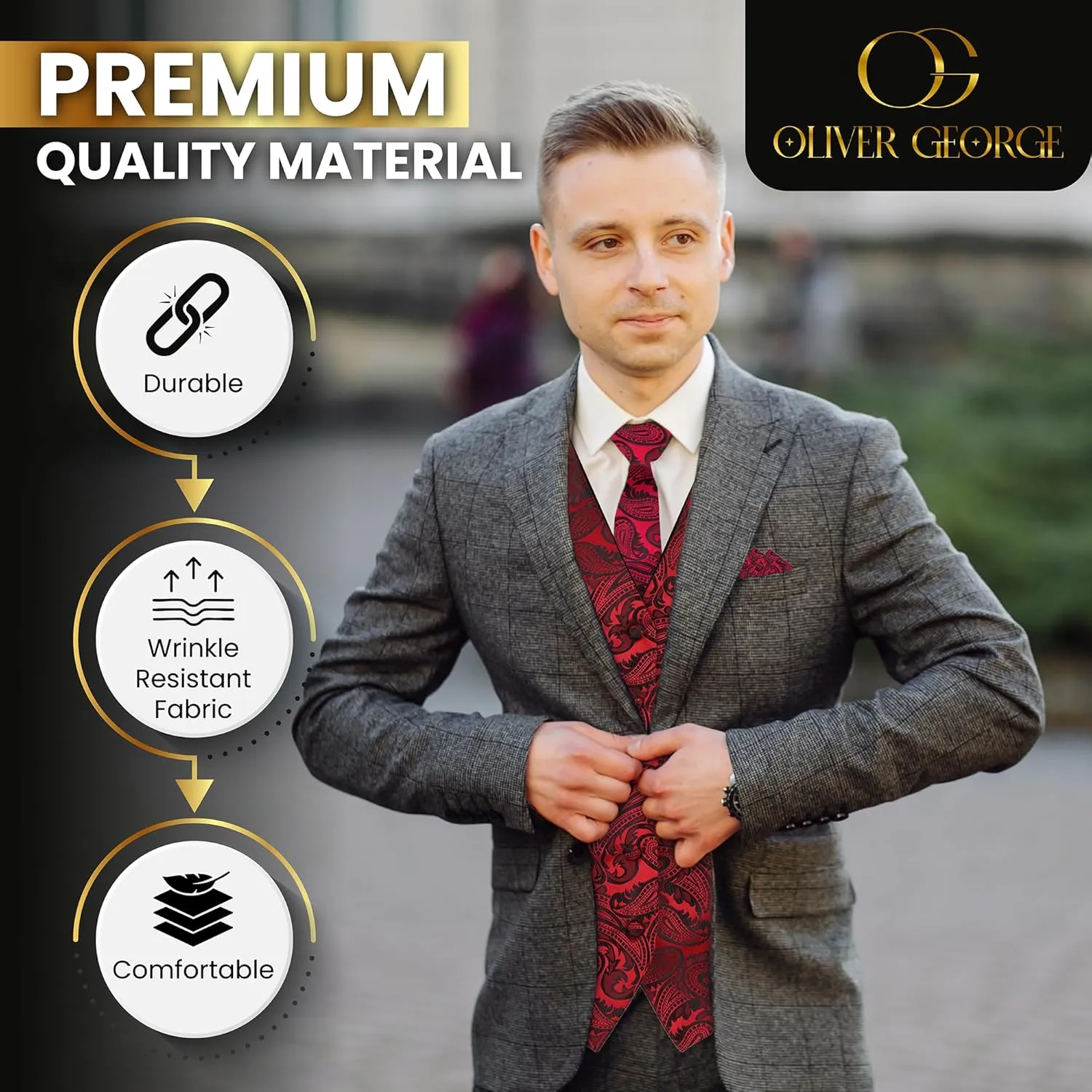Oliver George Mens 3pc Formal Waistcoat Suit Dress Vest Floral Paisley and Necktie Pocket Square Wedding Set