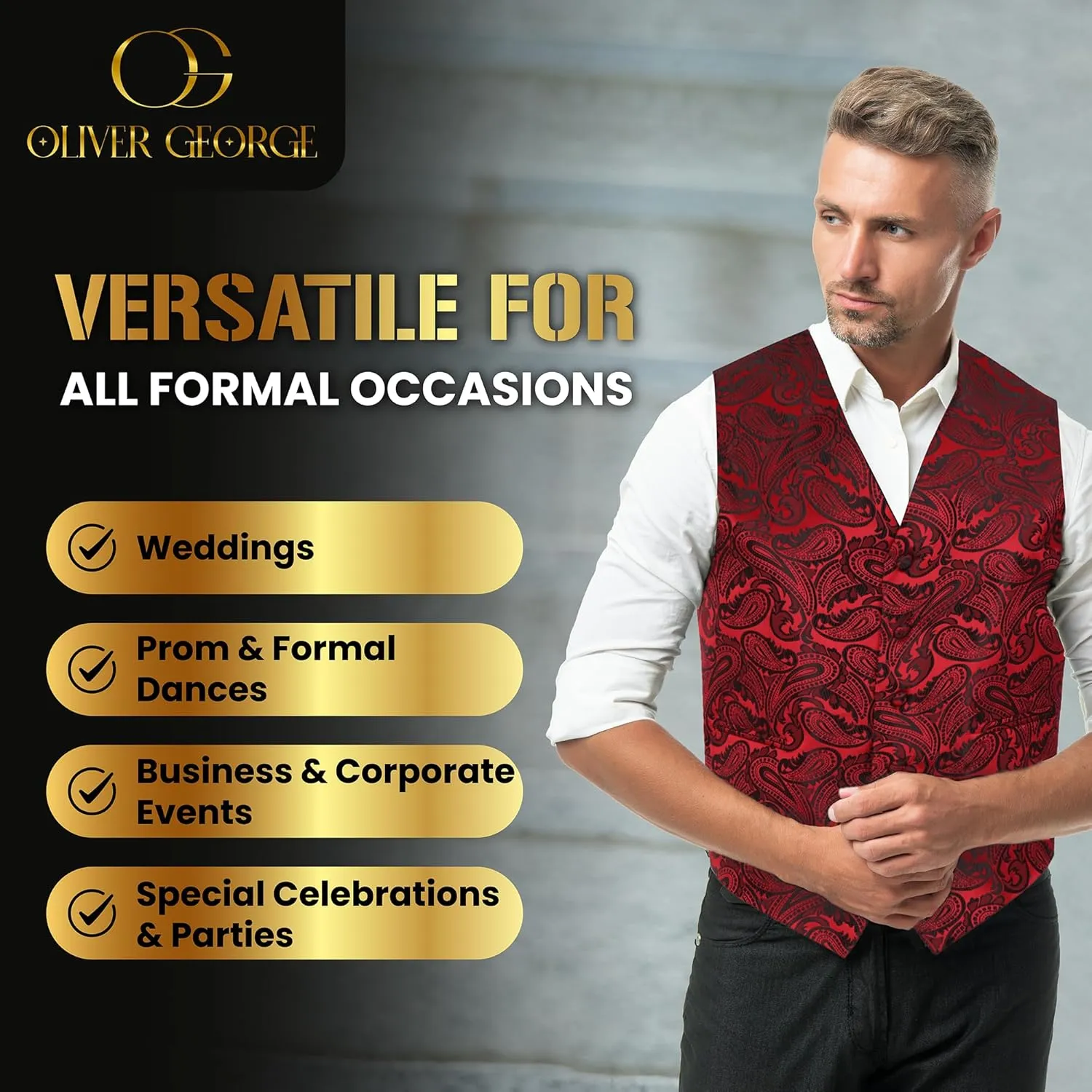 Oliver George Mens 3pc Formal Waistcoat Suit Dress Vest Floral Paisley and Necktie Pocket Square Wedding Set