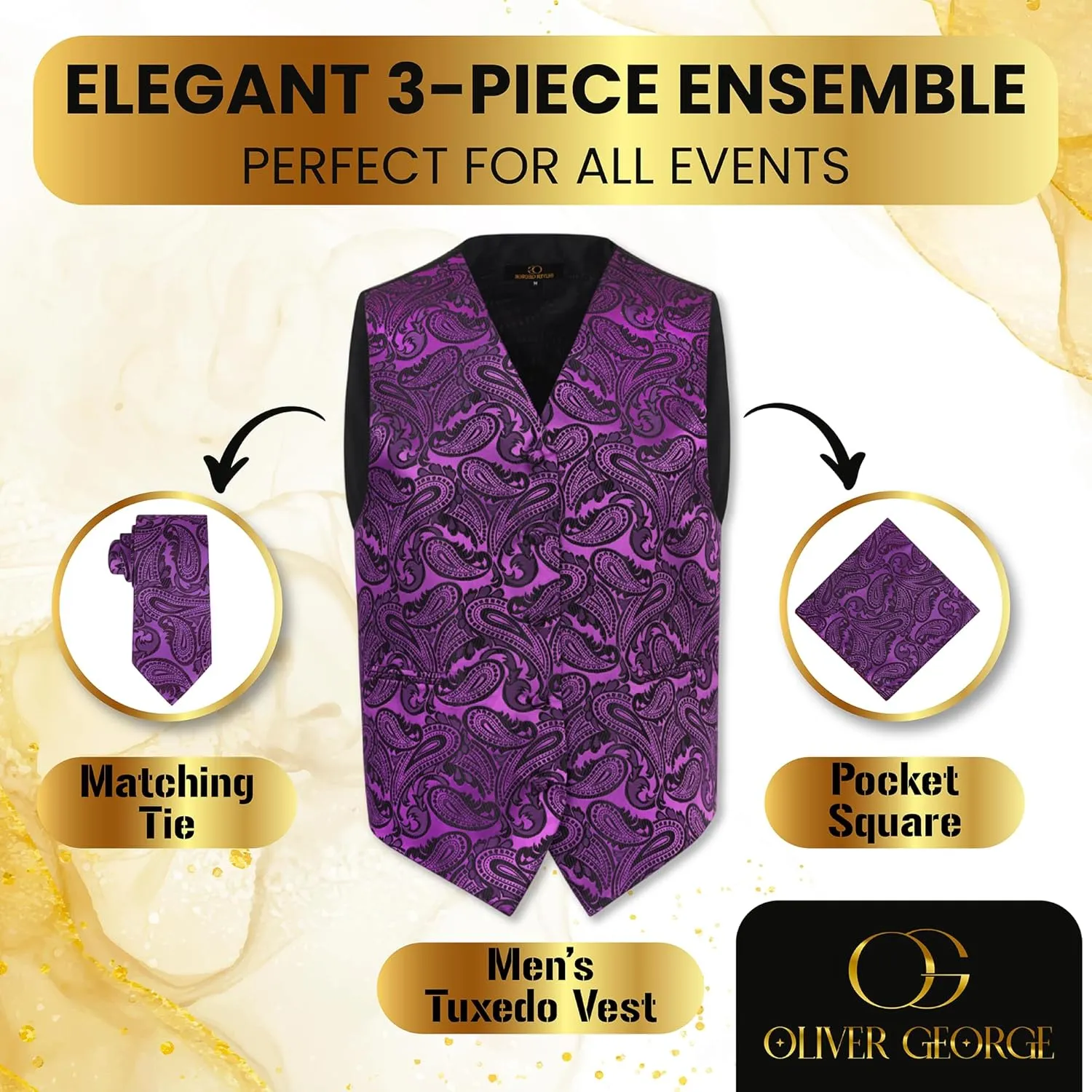 Oliver George Mens 3pc Formal Waistcoat Suit Dress Vest Floral Paisley and Necktie Pocket Square Wedding Set