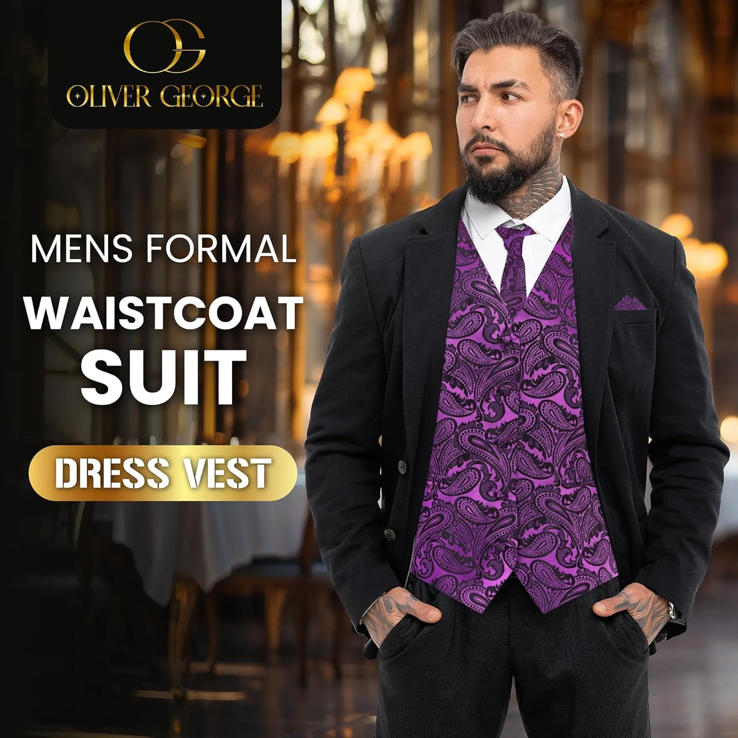 Oliver George Mens 3pc Formal Waistcoat Suit Dress Vest Floral Paisley and Necktie Pocket Square Wedding Set