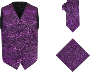 Oliver George Mens 3pc Formal Waistcoat Suit Dress Vest Floral Paisley and Necktie Pocket Square Wedding Set