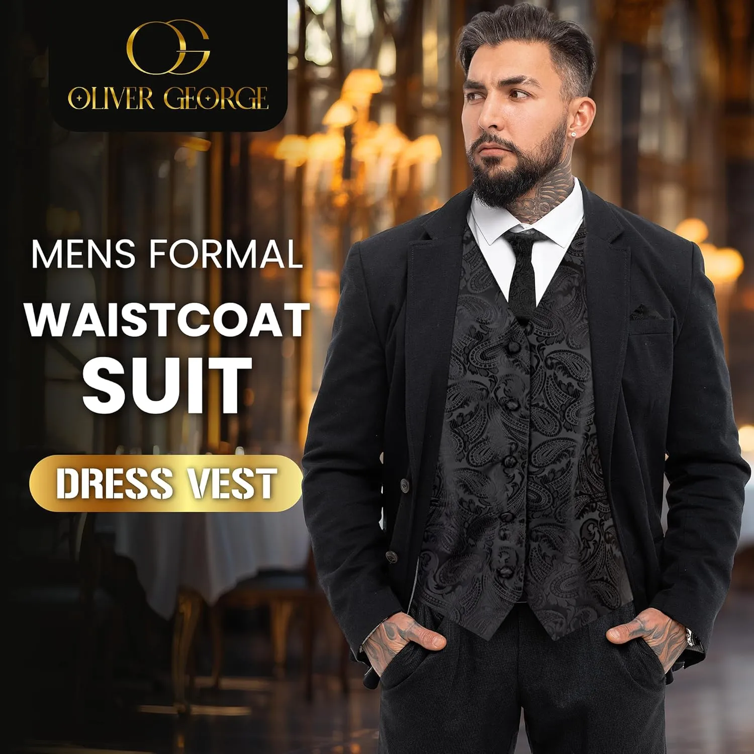 Oliver George Mens 3pc Formal Waistcoat Suit Dress Vest Floral Paisley and Necktie Pocket Square Wedding Set
