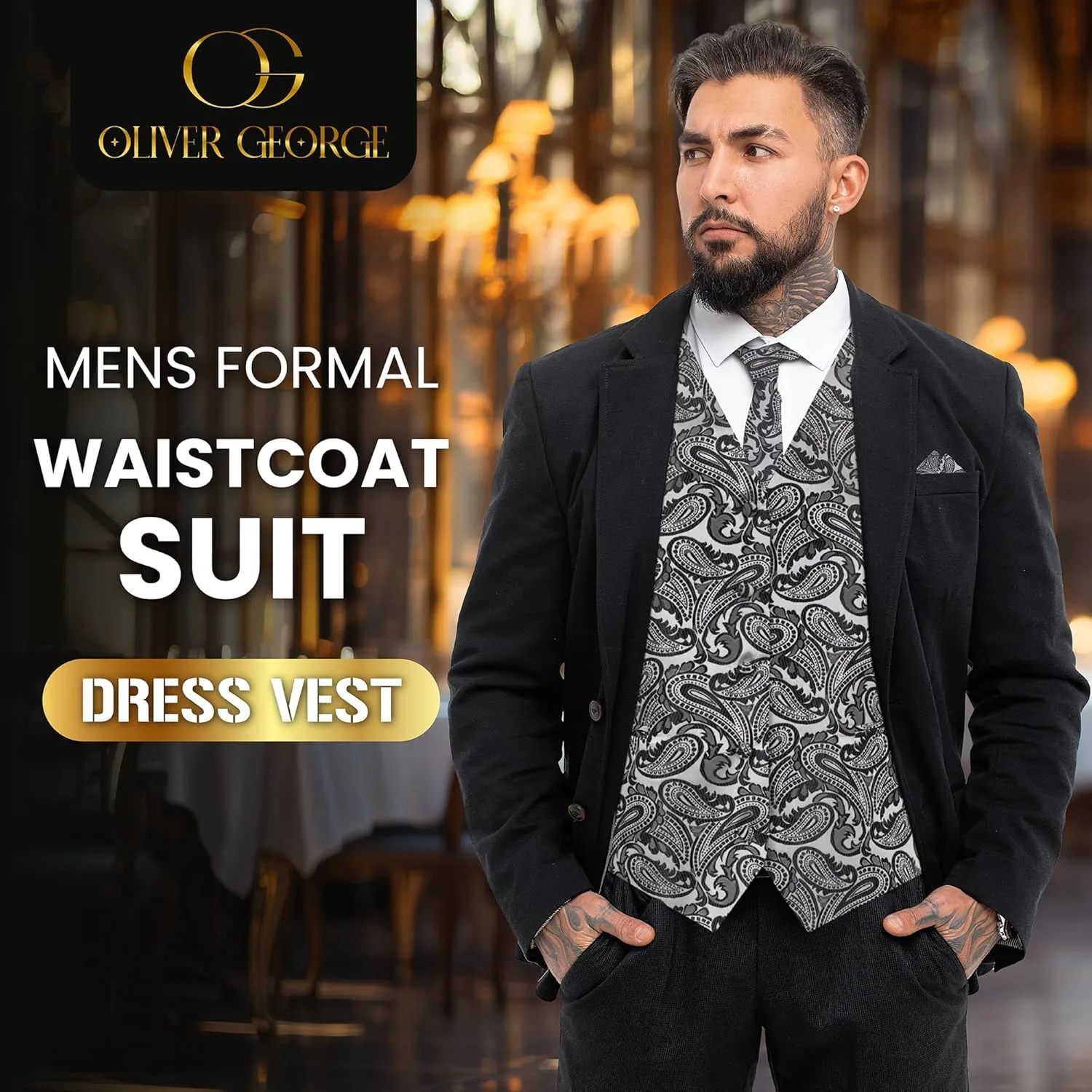 Oliver George Mens 3pc Formal Waistcoat Suit Dress Vest Floral Paisley and Necktie Pocket Square Wedding Set