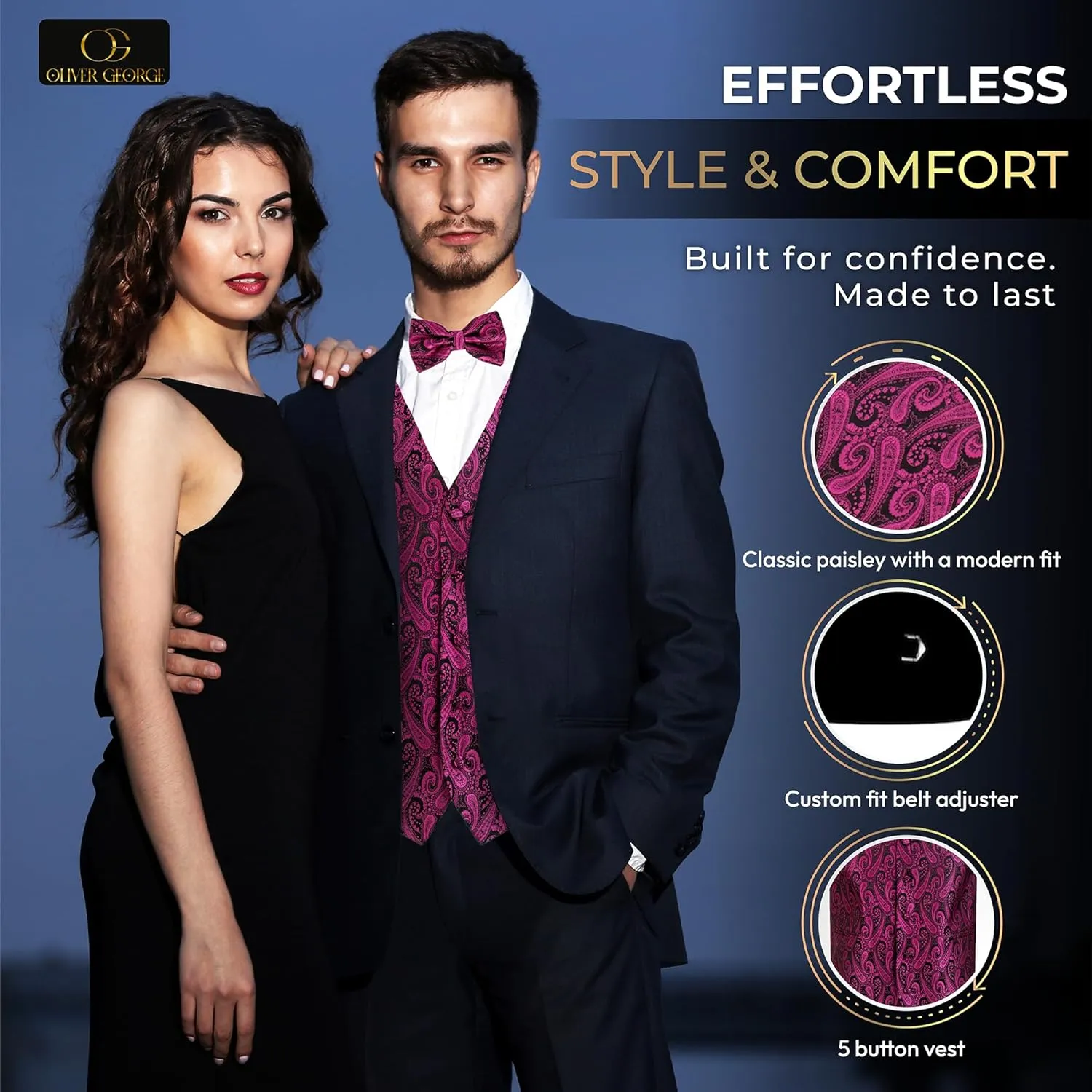 Oliver George Men's 4pc Paisley Design Waistcoat Tuxedo Dress Vest Necktie Bowtie Handkerchief Set for Suit or Tuxedo